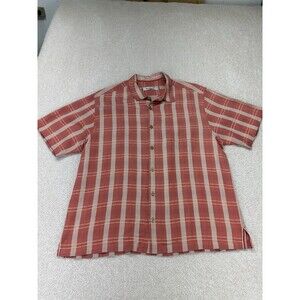 Tommy Bahama Shirt Mens XL Salmon Plaid Silk Short Sleeve Button Up Relax